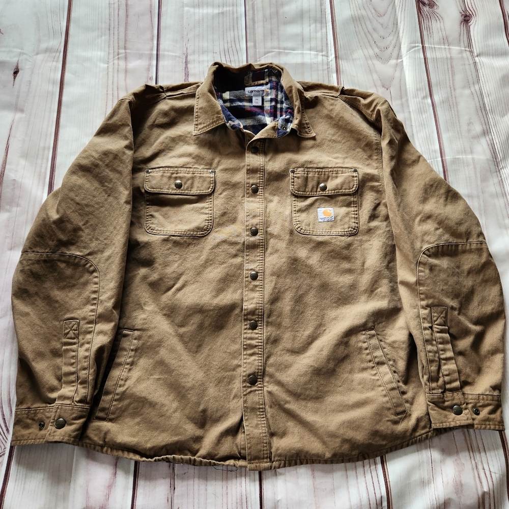 Carhartt "Weathered Canvas Shirt Jac" Flannel-lined Shacket Tan | Men's Size 2XL - Picture 2 of 11